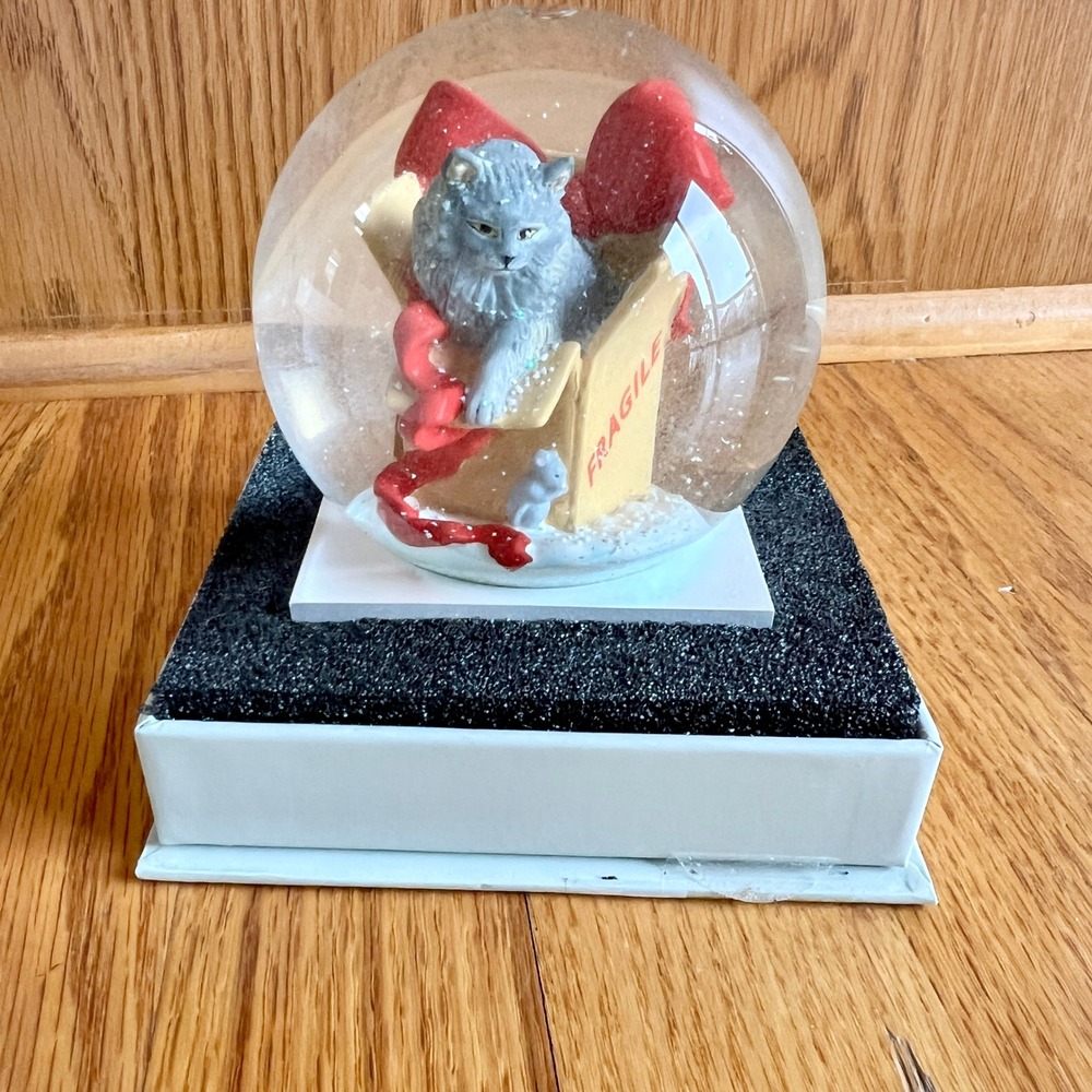CoolSnowGlobes Cat Snow Globe Kitten in Box Fragile Ribbon Holiday‎ Decor
